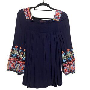 Cowgirl Legend Women’s Tunic Blue Turquoise Beads Embroidered Peasant Blouse.